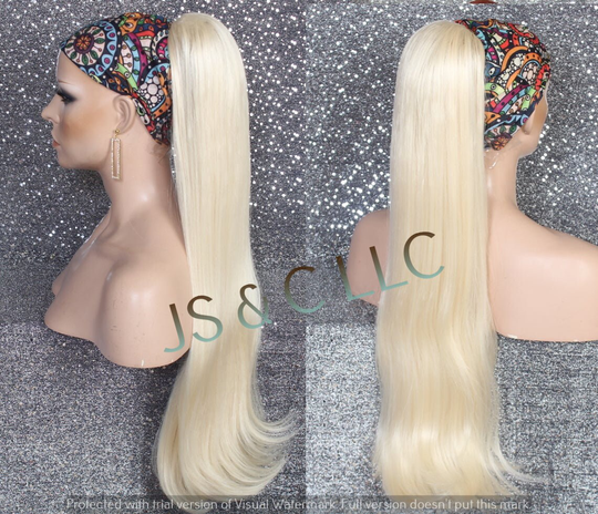 Pale Blonde Human Hair Blend Drawstring Ponytail Silky Straight Extra Long Piece Extension Quick & Easy Wear