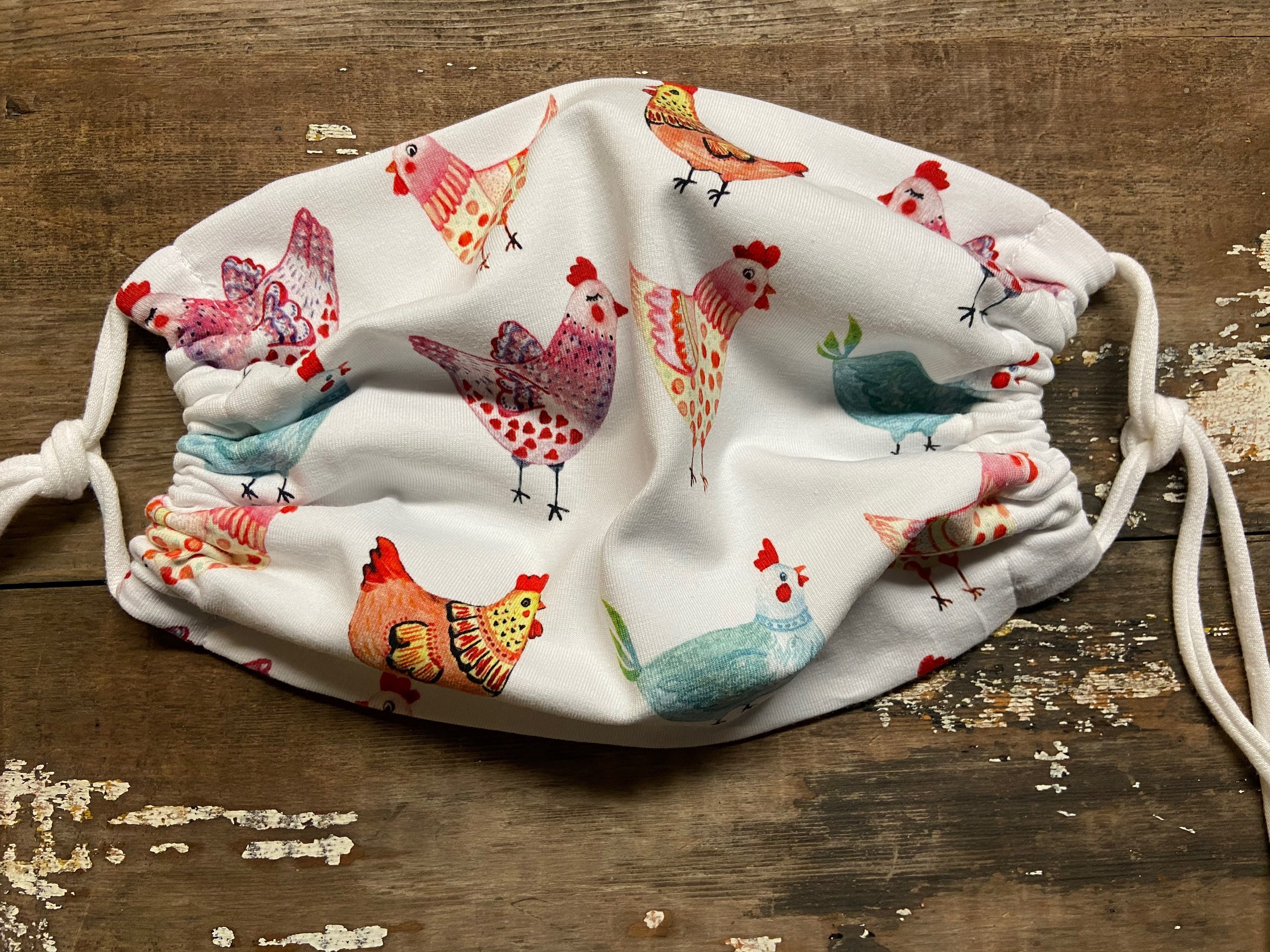 Adult Face Mask-Cotton Jersey Blend Mask-Cloth Mask-Washable Mask-Chickens-Adjustable Ties