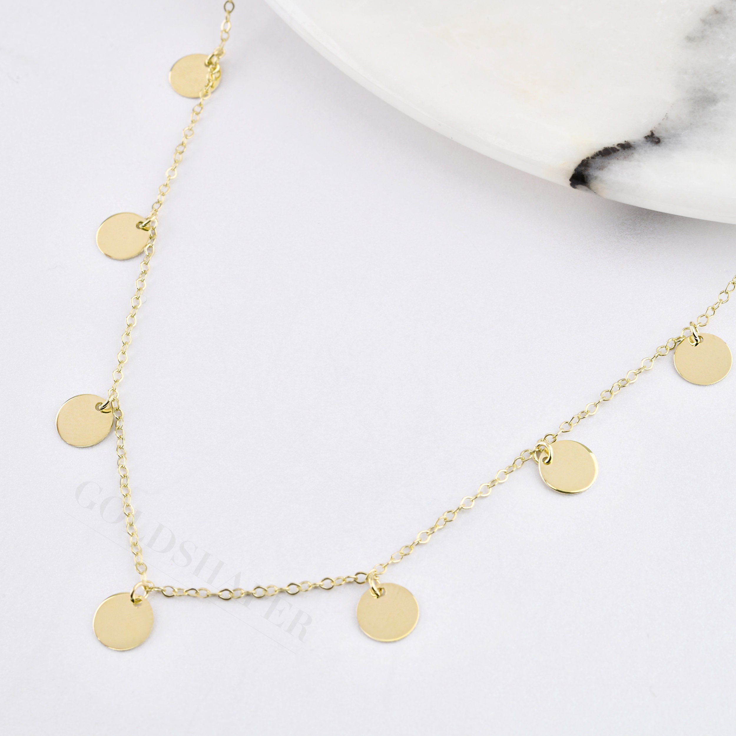 14K Gold Coins Necklace, Station 3-5-6-7-8-9-10-11 Coin Discs Necklace