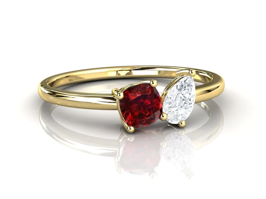 Ruby Toi Et Moi Ring, 14K Yellow Gold, Cushion Shape & Pear Moissanite Stacking Small Engagement Unique Promise Ring