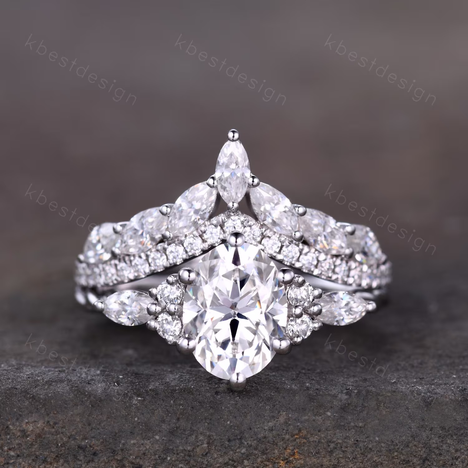 Oval Cut Moissanite Engagement Ring Set Vintage White Gold Cluster Marquise Art Deco Moissanite Wedding Ring Set Gift