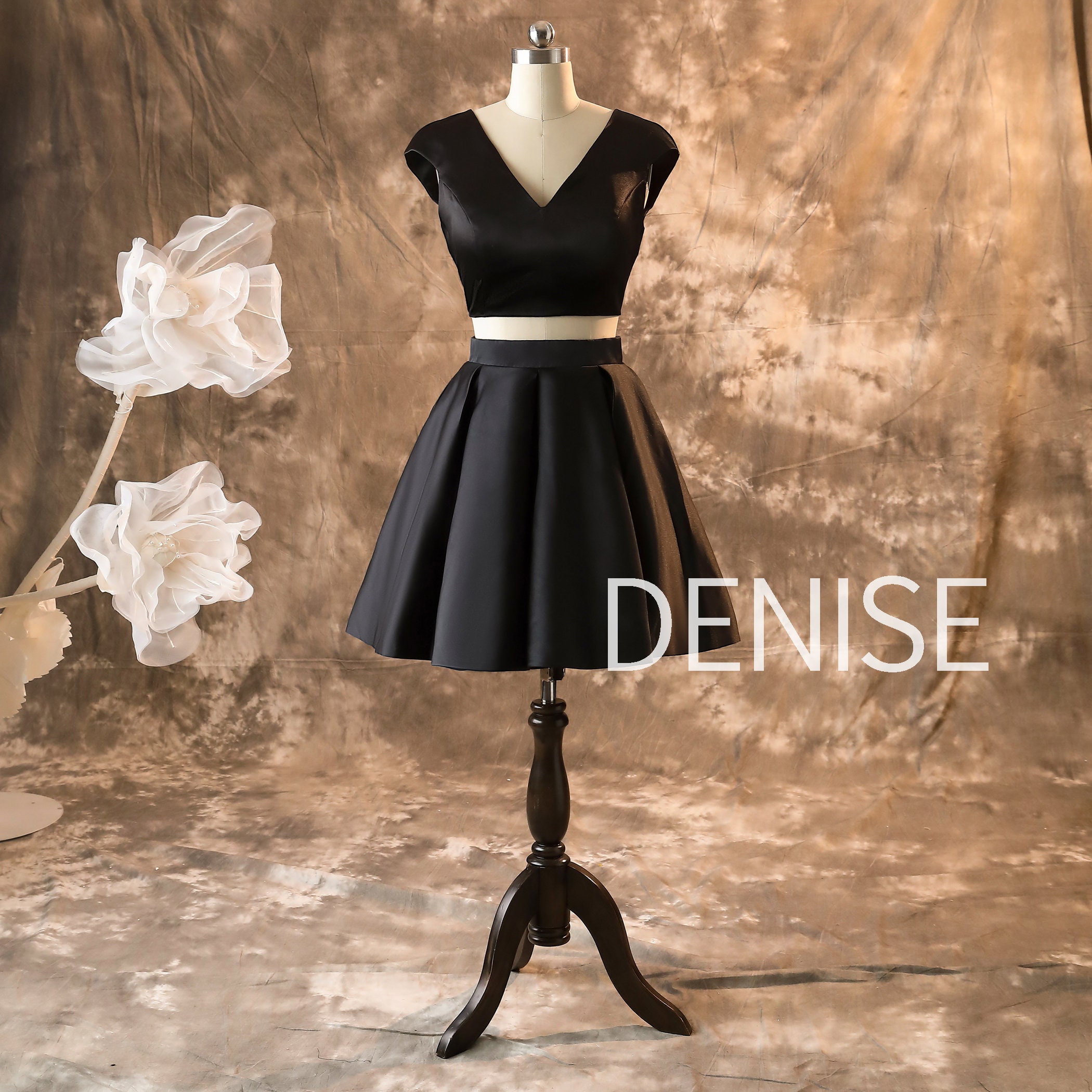 Black Two Piece Satin Prom Dresses, A Line Short Evening Dress, V Neck Cocktail Dress, Short Homecoming Dresses