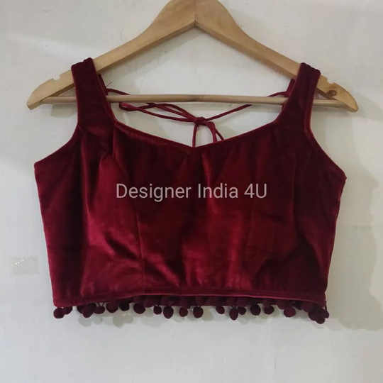Custom Made Designer Maroon Velvet Blouse Top Choli For Lehenga & Saree