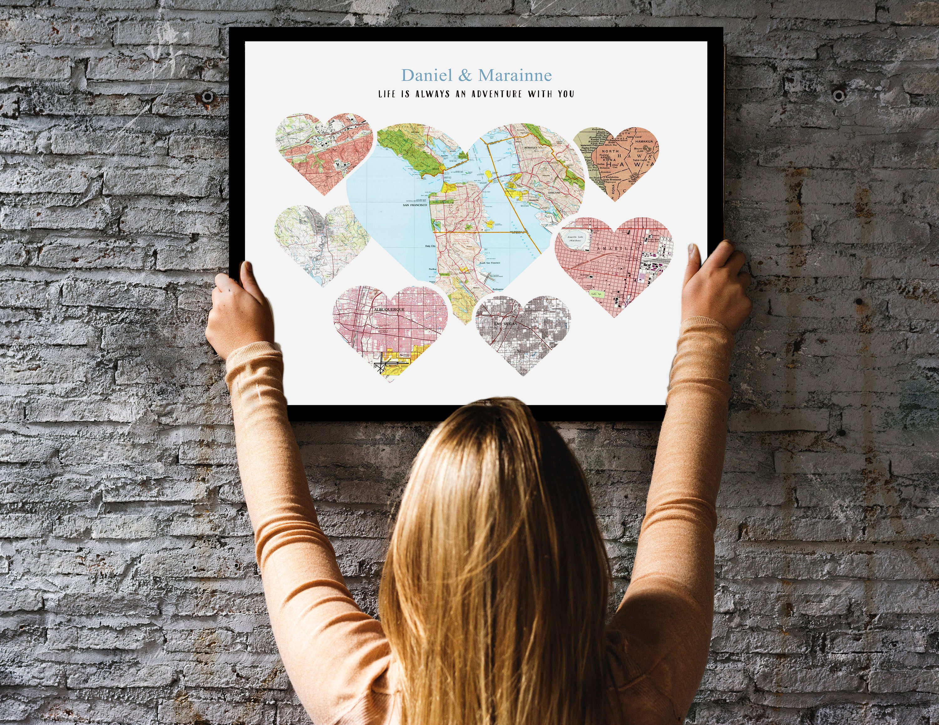 Unique Wedding Gift For Couple, Romantic Gifts Him, Gifts, Vintage Map Art, Personalized Gift, Framed