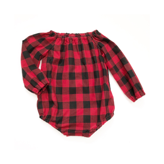 6-12 Girls Red Plaid Christmas Outfit, Buffalo Romper, Long Sleeve Outfit