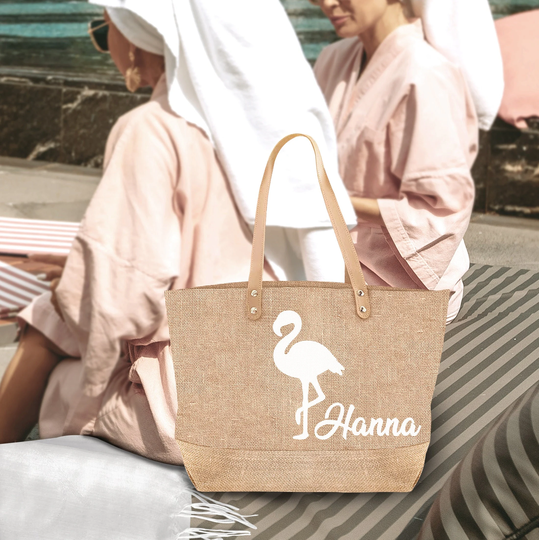 Flamingo Beach Bag, Custom Name Jute Bags, Bachelorette Personalized Tote Bridesmaid Burlap Gift For Women