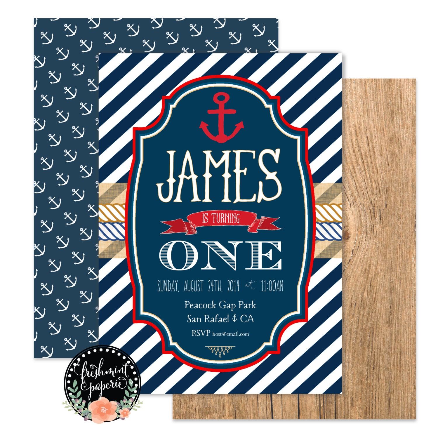 Nautical Kids Birthday Invitation - Nautical Anchor Calligraphy Freshmint Paperie
