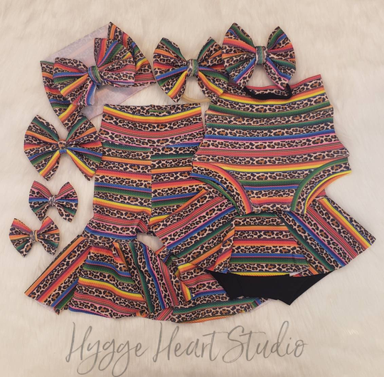 Cheetah Serape Bummies, Skirted Bells, Headwrap, Bow, Or Piggies