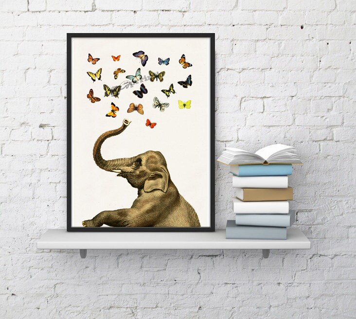 Elephant Butterfly Print - House Warming Gift Nursery Wall Art Baby Shower Ani088Wa4