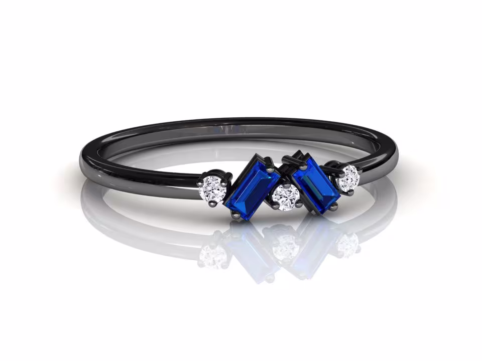 Black Gold Dainty Sapphire Cluster Stacking Ring, 14K Gold, Petite Minimalist Blue & Diamond September Birthstone Jewelry