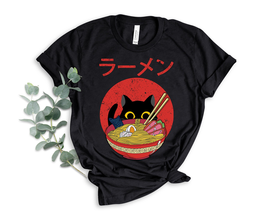 Ramen Cat Tshirt, Peeking Black Japanese Noodles T-Shirt, Cute Shirt, Lover Shirt