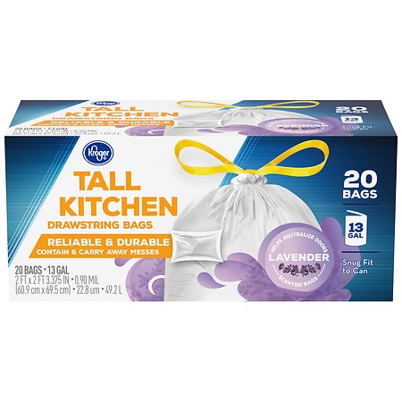 Kroger Tall Kitchen Drawstring Bags Lavender Scented, 13 Gallon - 20.0 ea