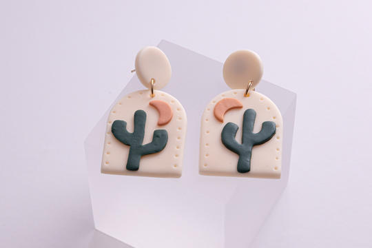 Statement Earrings With Cactus, Green White Geometric Earrings, Pastel Color Polymer Two-Tone Big Studs, Gift For Her