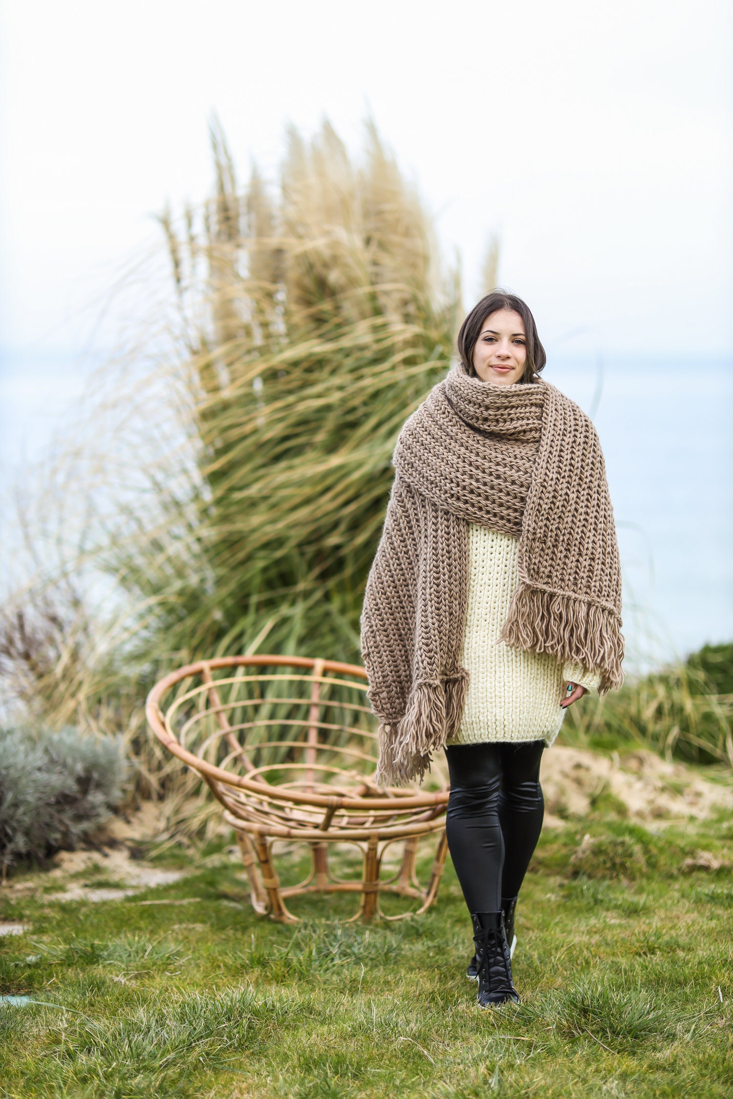 Wool Knit Scarf, Beige Long Wide Hand Knitted Accessories, Chunky Girlfriend Gift, Thick Warm