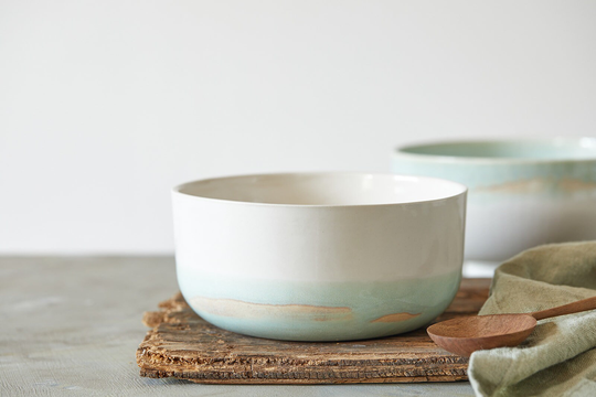 Handmade Ceramic Bowl, White & Light Turquoise Noodles Pottery Soup Salad Serving Nesting Holiday Gift Idea