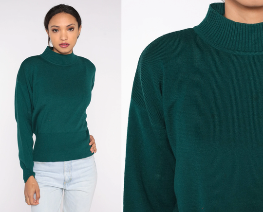 80S Turtleneck Sweater Green Knit Demetre Wool Blend Pullover Retro Basic Plain Slouchy Boho Ski Jumper Vintage 1980S Medium