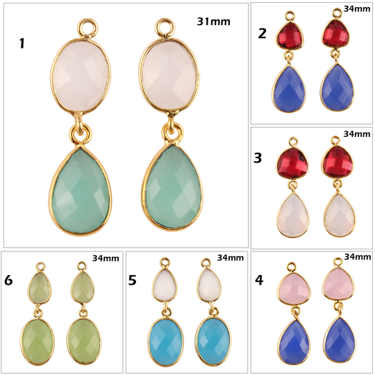 Trillion Pear Shaped Double Stone Hydro Quartz Bezel Earrings Pairs Connectors, Checker Cut Gemstone Drop Dangle Connectors