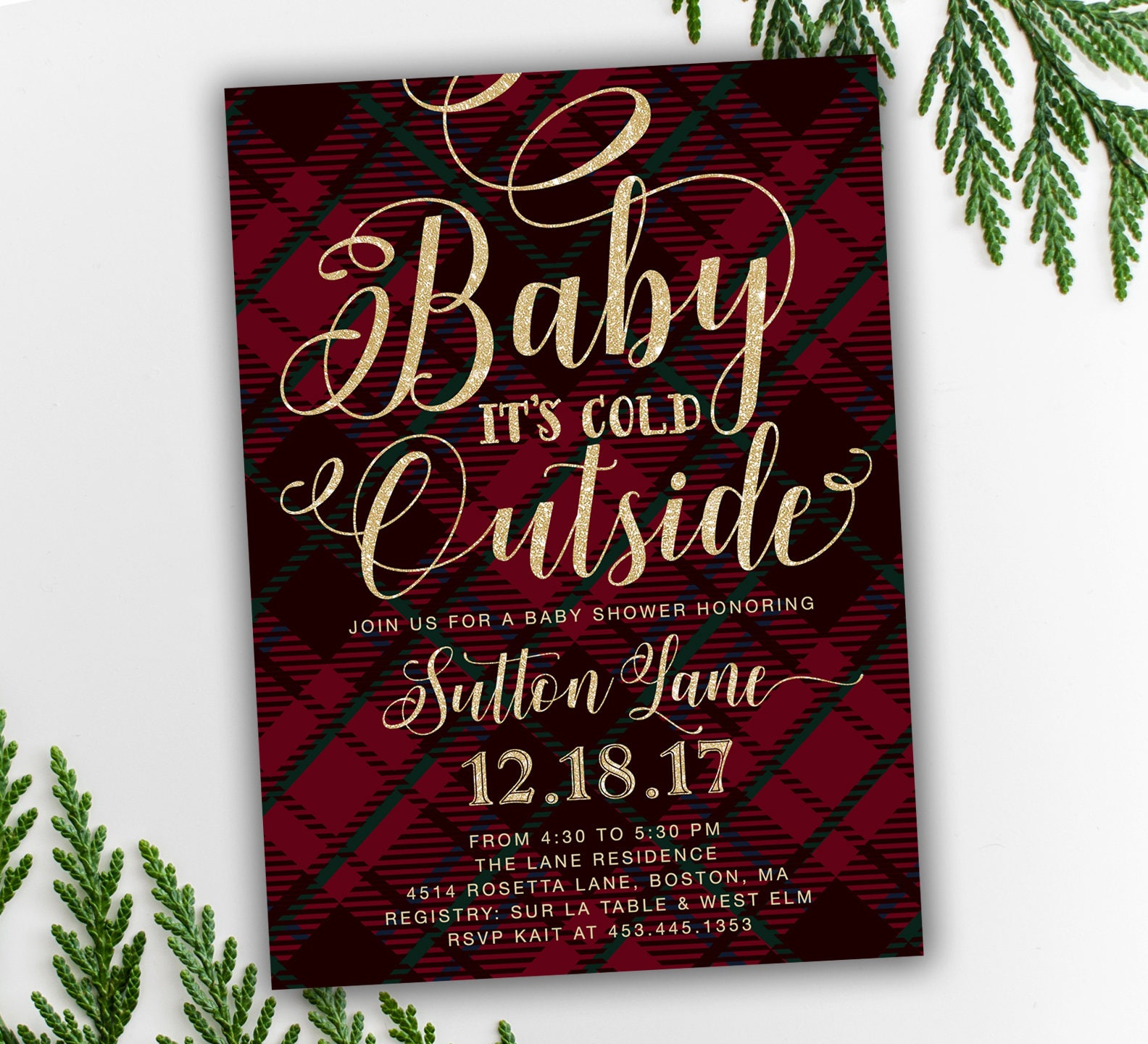 Winter Baby Shower Invitation Gender Neutral Holiday Invite, Christmas Plaid Flannel 40
