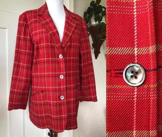 Beautiful Coral Red Wool Cotton Blend Plaid Woven Flannel Simple Boxy Blazer Jacket Coat Womens Vintage 1990S 90S Size Large L Grunge Preppy