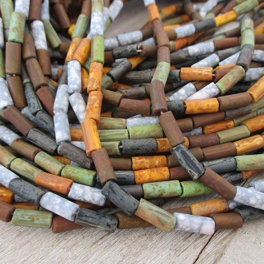Earth Blend Picasso Tube Beads, Full 21" Strand 60 9x4mm Aged Wampum Bugle Boho Czech Glass Beads
