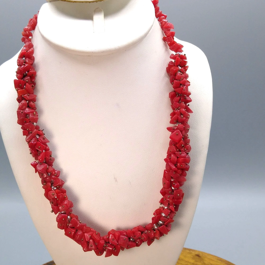 Vintage Coral Cluster Necklace, Bright Red Chips On Bib Strand