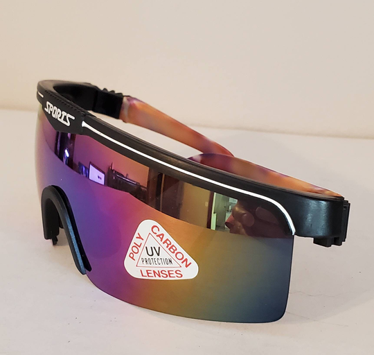 Vintage Sports Sunglasses // Rainbow Lenses Purple & Yellow Camo Frames Big Shield Sunglasses Classic Party Racing Beach Summer