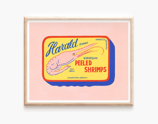 Retro Food Art Print, Vintage Poster, Pink Kitchen Shrimp Seafood Art, Fish Tin Unframed Colorful Wall