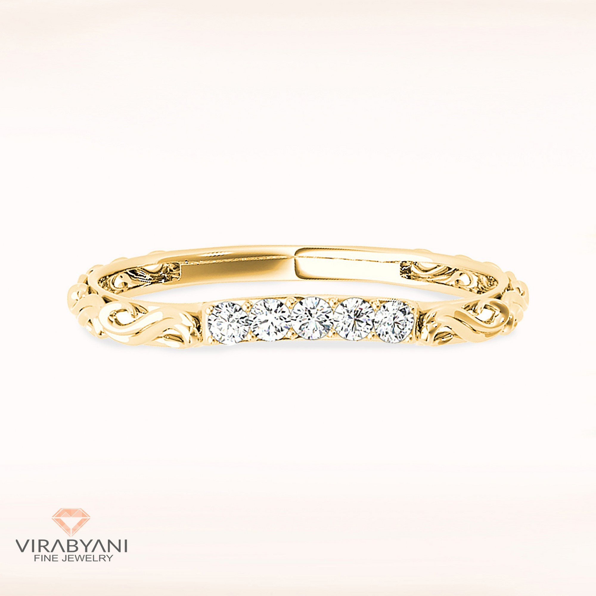 Diamond Wedding Band - 14K/18K Solid Yellow Gold | Curved Band Open Filigree Design Anniversary Ring Modern