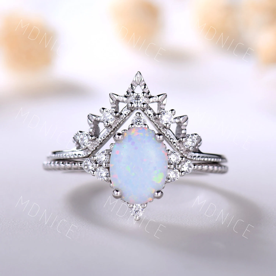 Sterling Silver Opal Ring, Vintage Engagement White Unique Art Deco Stacking Band, Bridal Ring Set, Gift For Her