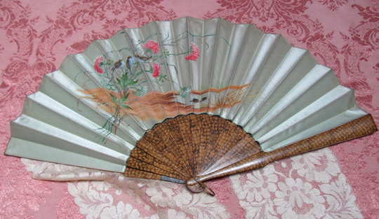 C1870's Victorian Celedon Silk Hand-Painted Stippled Fan W/Blue Birds Aesthetic Mvmnt