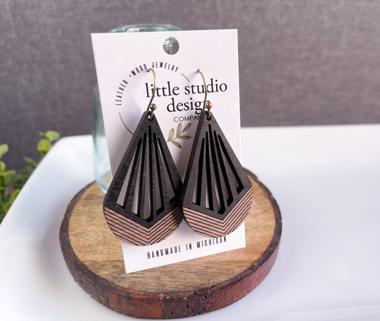 Engraved Walnut Wood Earrings, Modern Boho Hand Painted Black & Anniversary Gift Her, Handmade Michigan