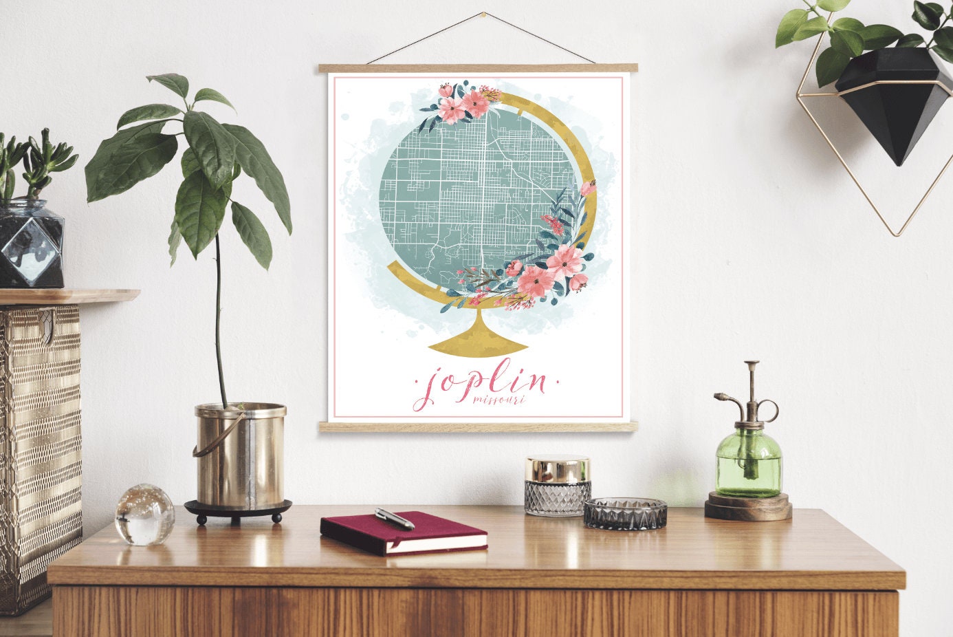 Joplin Missouri Watercolor Globe Street Map | Hanging Canvas Of Printed Marketplace