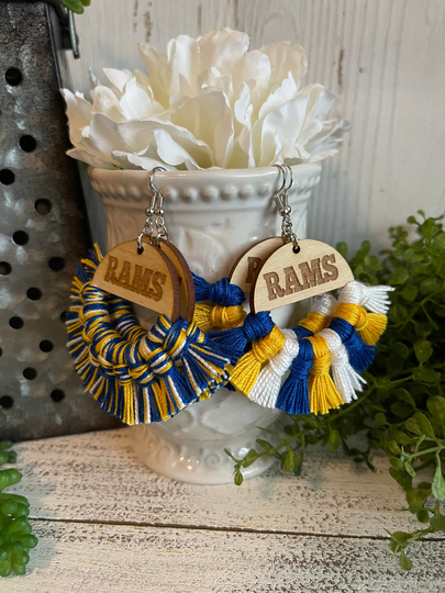 Rams Earrings - Dangle Statement Fringe Wood High School Pop Warner Flag Sports