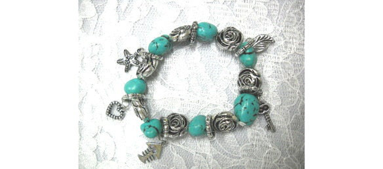 Turquoise Blue Howlite Freeform Nugget Stones Silvertone Rose Beads & Spacers With Key Leaf Starfish & Heart Charms Stretch Charm Bracelet