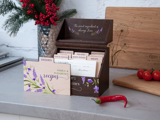 Lavender Flowers Recipe Card Box 4x6 Unique Wedding Gift For Couple Wooden With Dividers & Cards Personalized Bridal Shower Gifts