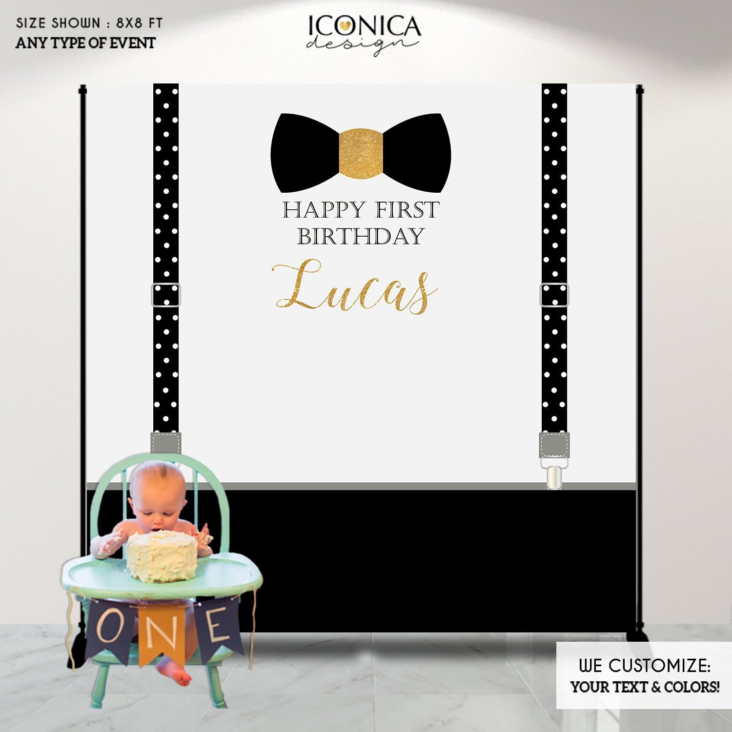 Little Man First Birthday Backdrop, Bowtie Mr. Onederful Party Decor, Any Color Text Or Age, Printed Printable File