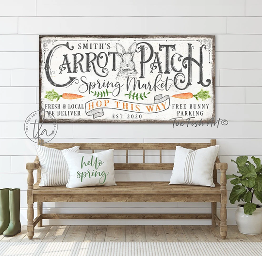Easter Decor Decoration Holiday Family Name Sign Modern Farmhouse Wall Spring Market Carrot Patch Bunny Rabbit Vintage Canvas Print