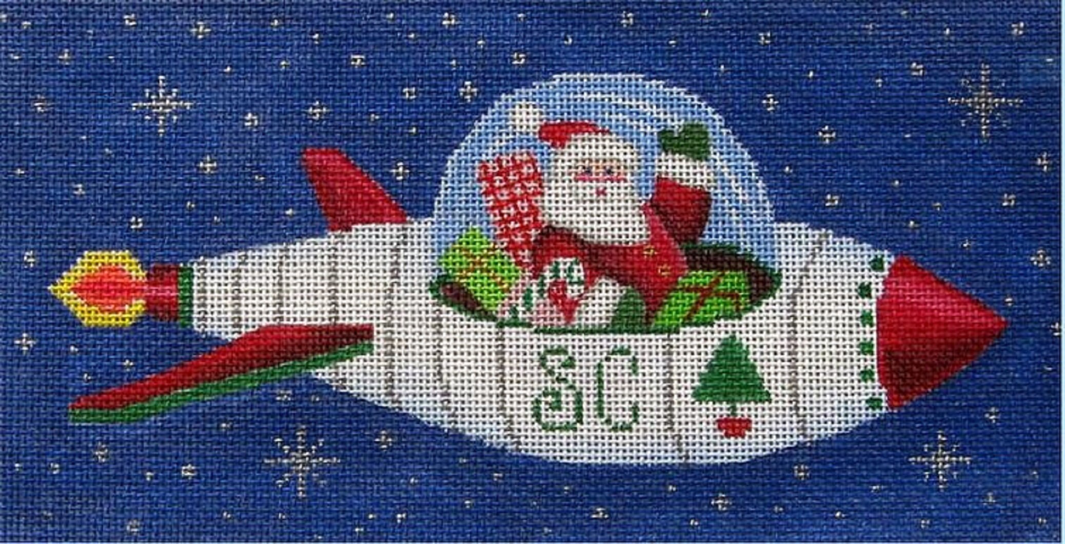 Needlepoint Handpainted Christmas Brenda Stofft Santa On Rocket Ship 9x5 -Free Us Shipping