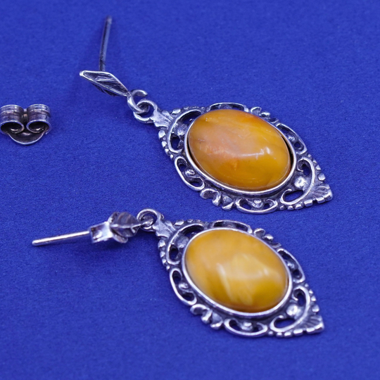 Vintage Sterling 925 Silver Handmade Filigree Earrings With Oval Amber, Stamped