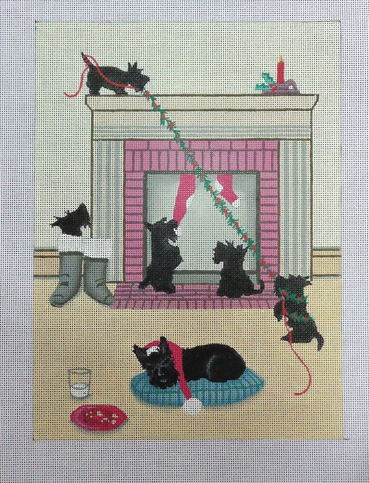 Needlepoint Handpainted Cindi Lynch Scottie Doesn't Want Santa To Leave 8x11 -Free Us Shipping