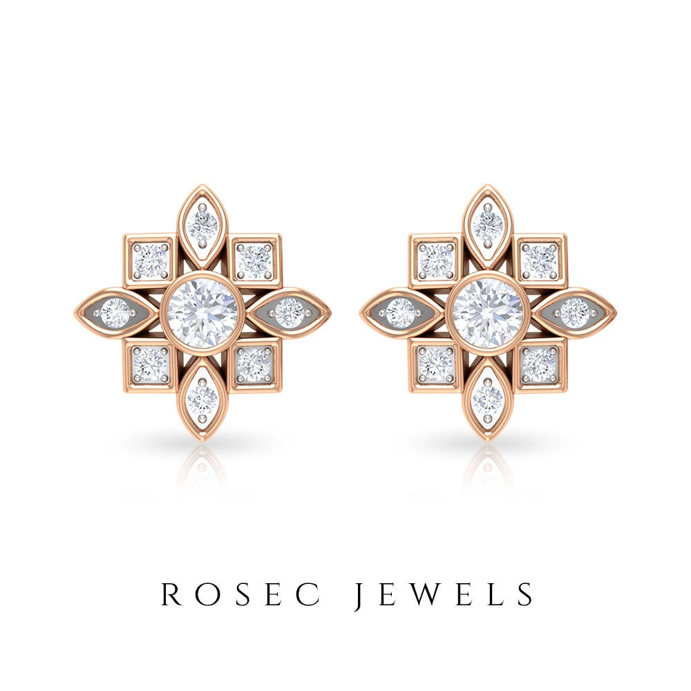 1/4 Ct Diamond Flower Earrings, Art Deco Floral Stud Vintage Earrings