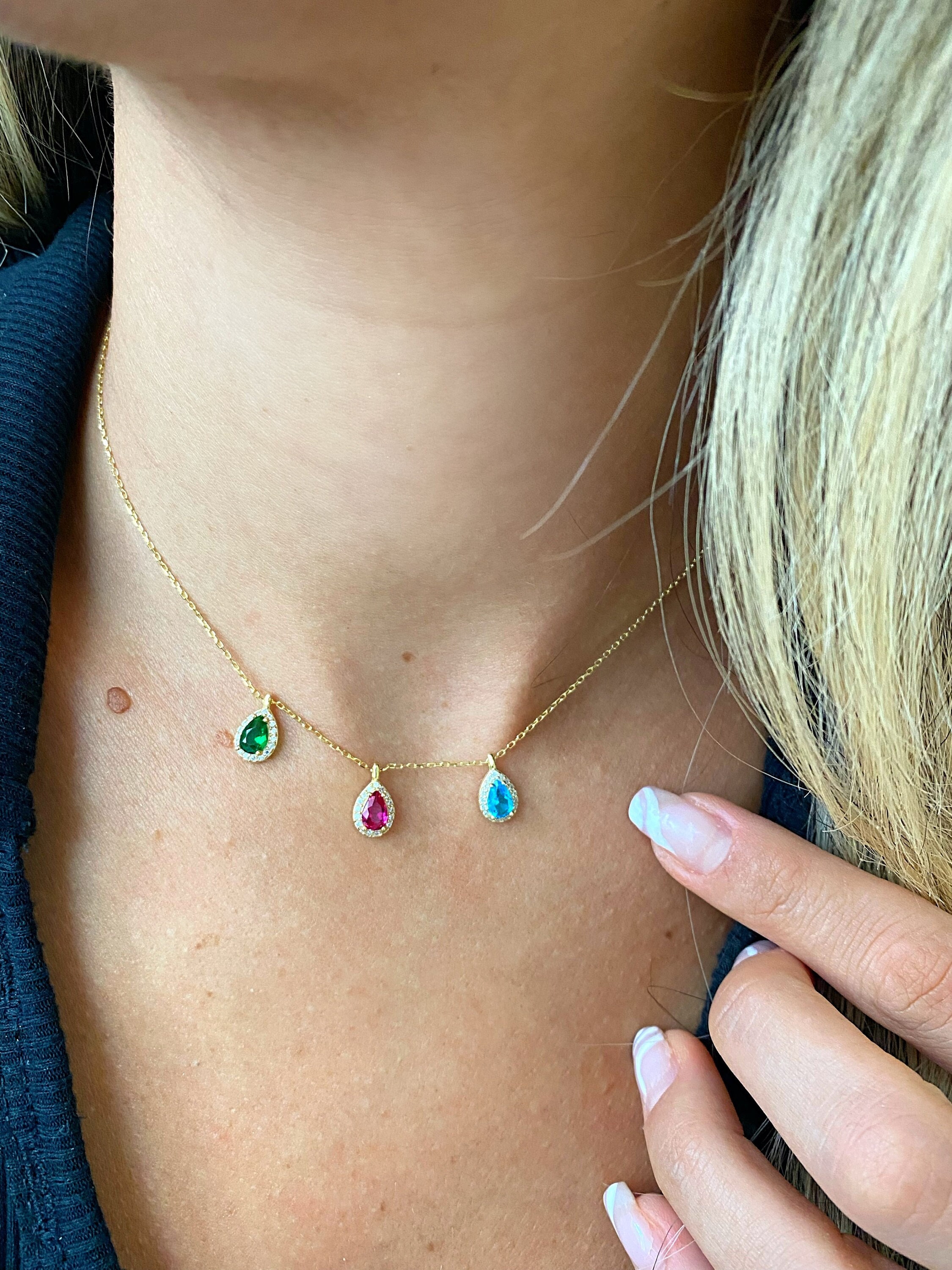 Birthstone Necklace Teardrop Custom Family Personalized