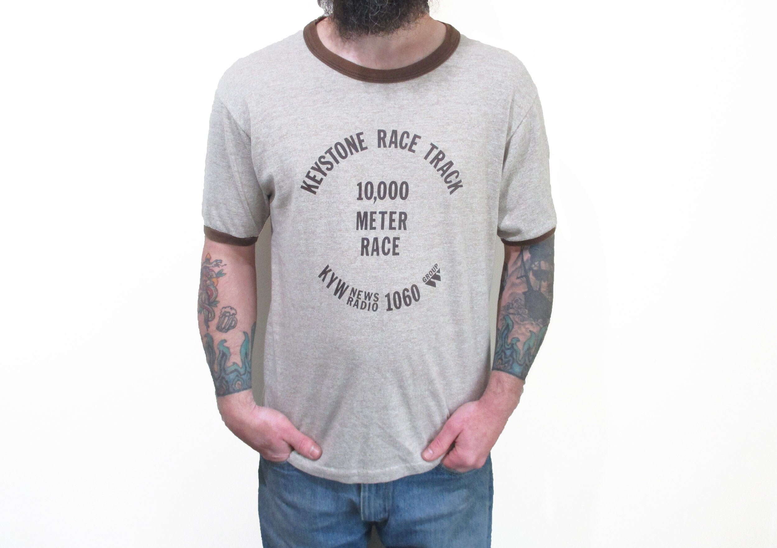 Vintage 1970S Tri Blend Ringer Tee | Heathered Brown Pennsylvania Tshirt Size Medium - Large