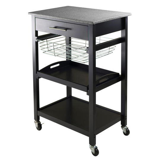 Winsome Wood Black Wood Base with Granite Top Rolling Kitchen Cart (16-in x 22.68-in x 34.13-in) | 20322