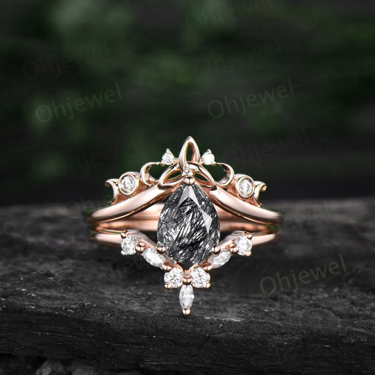 Pear Shaped Black Rutilated Quartz Ring Rose Gold Vintage Cluster Unique Engagement Art Deco Diamond Promise Wedding Set For Women