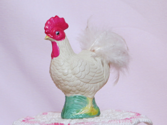 Antique Celluloid Baby Rattle-Japan-Easter-Chicken-Hen-Rooster-Real Feathers-still Works