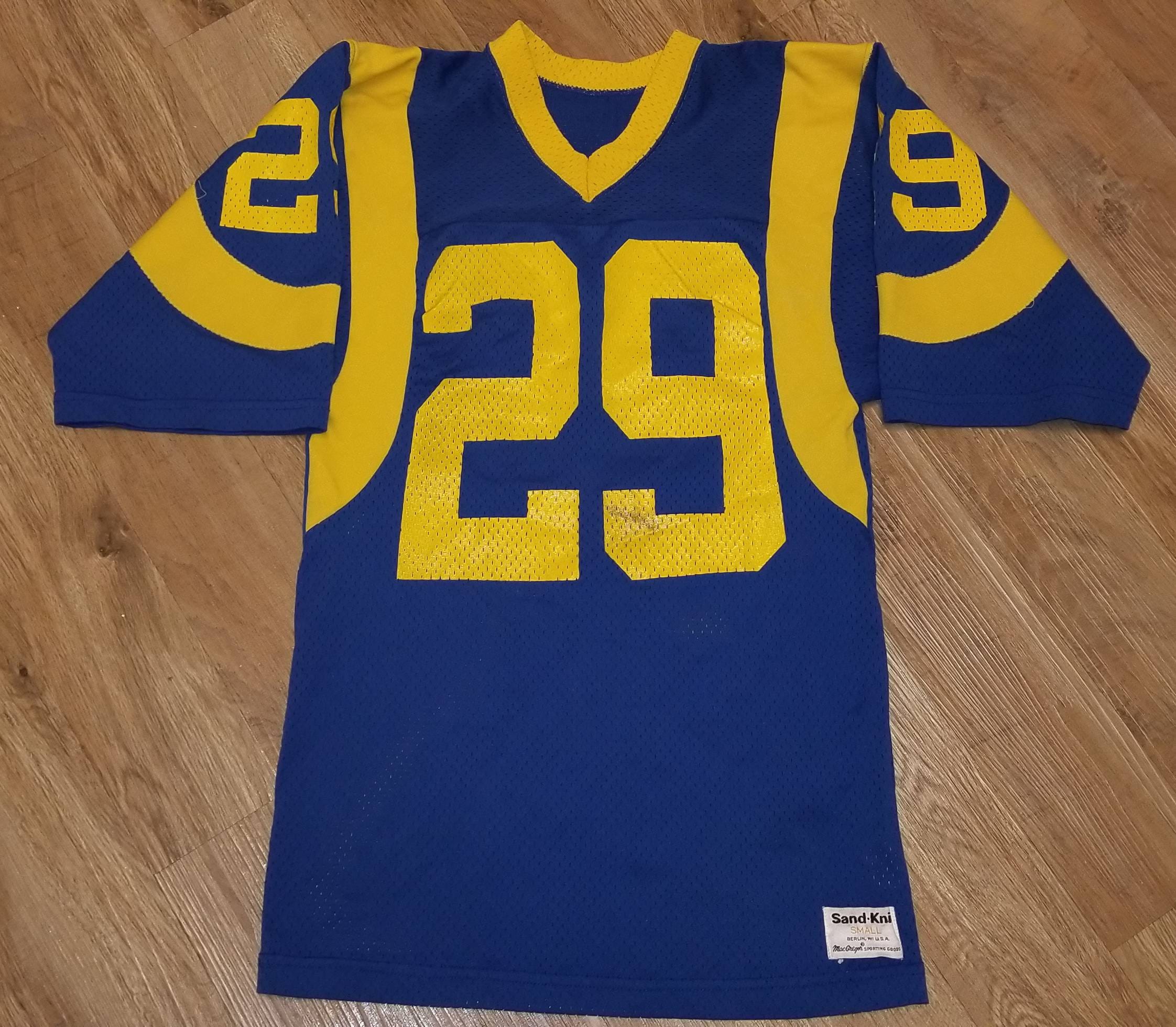 Men's Small Slim Los Angeles Rams Jersey, Vintage Jersey Sandknit | 16x27 Eric Dickerson Sand Knit
