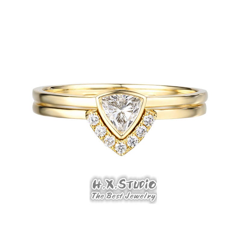 Diamond 2 Ring Set in Solid 18K Gold/Matching Wedding Band/Bridal Rings Set/Custom Fine Jewelry/Personalization Design/Gift For Her