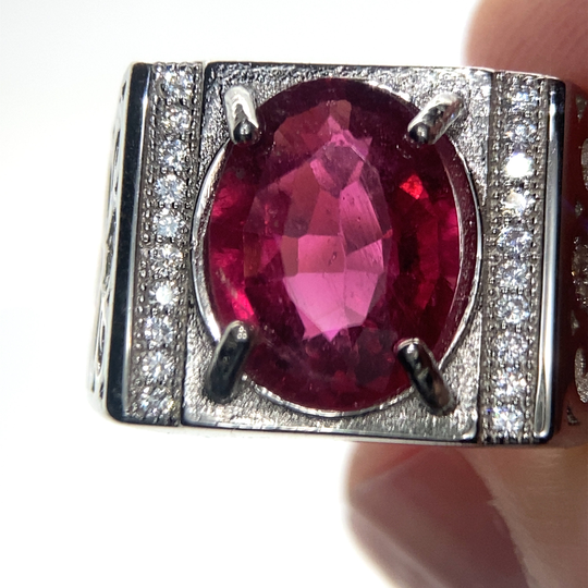 Rubellite 3.55Ct, Red Tourmaline, White Gold Finish, Solid 925 Sterling Silver, Men & Boys Ring, Natural, Untreated, October Birthstone