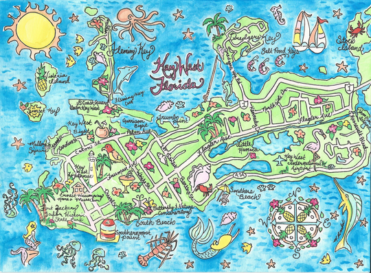 Key West Florida Watercolor Map Art Print